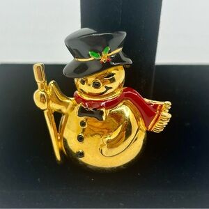 Napier vintage gold tone Festive Snowman Brooch with Black Hat and Red Scarf
